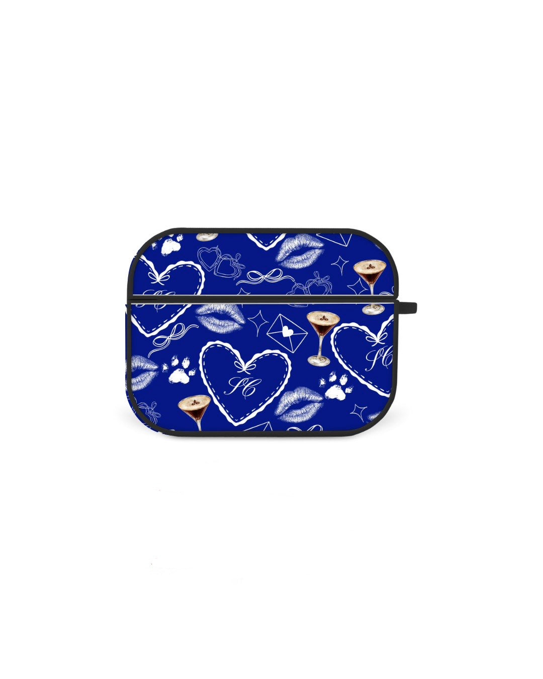 a blue and white patterned case with various icons and designs, including hearts, wine glasses, and paw prints.