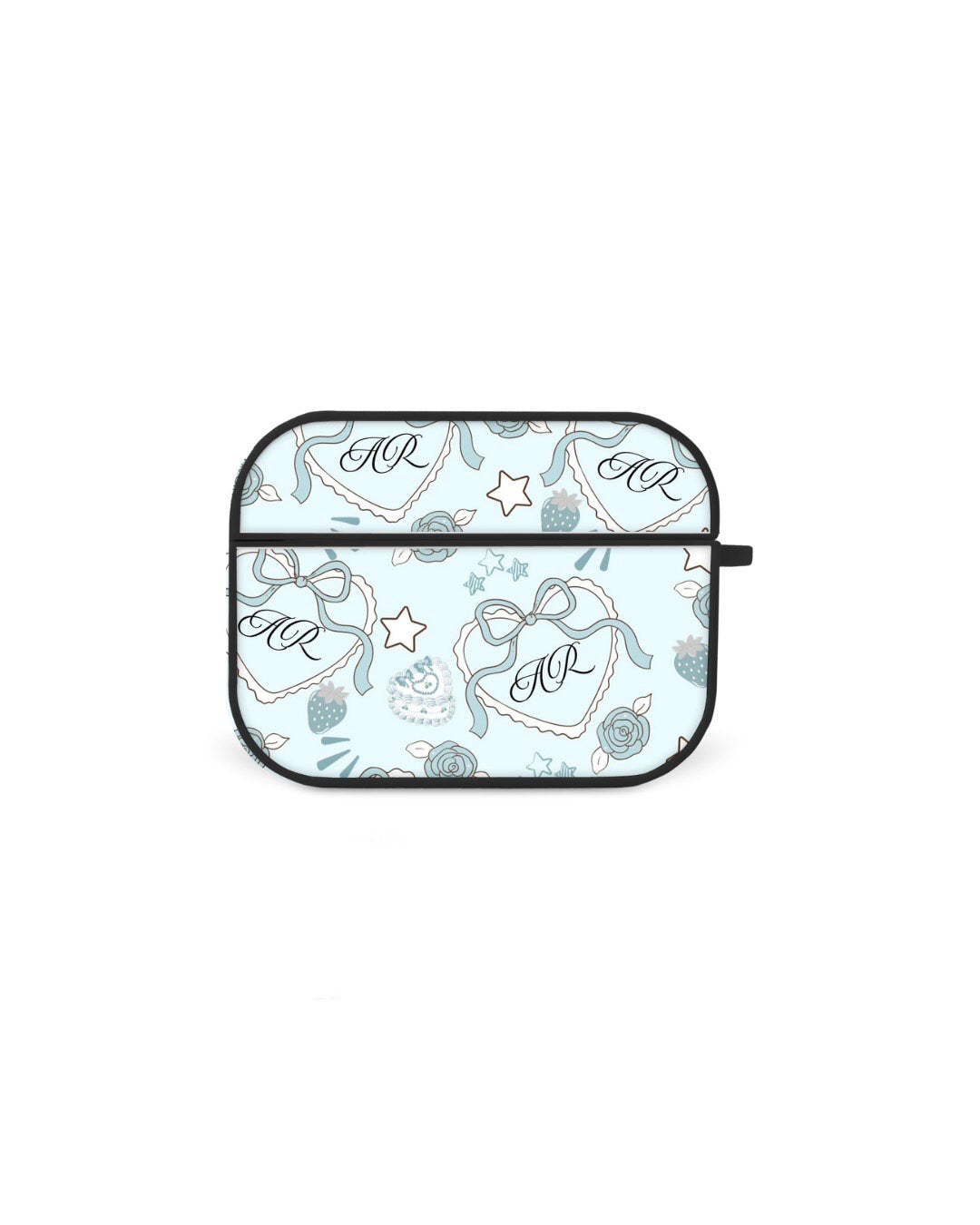 a light blue and white patterned case with a black border, featuring a repeating design of flowers, stars, and the initials "AR" on it.