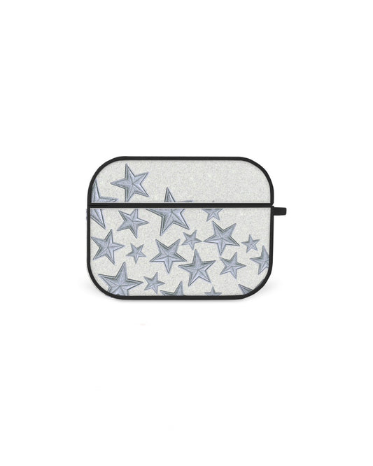 a white background with a black border and a repeating pattern of silver stars on it.
