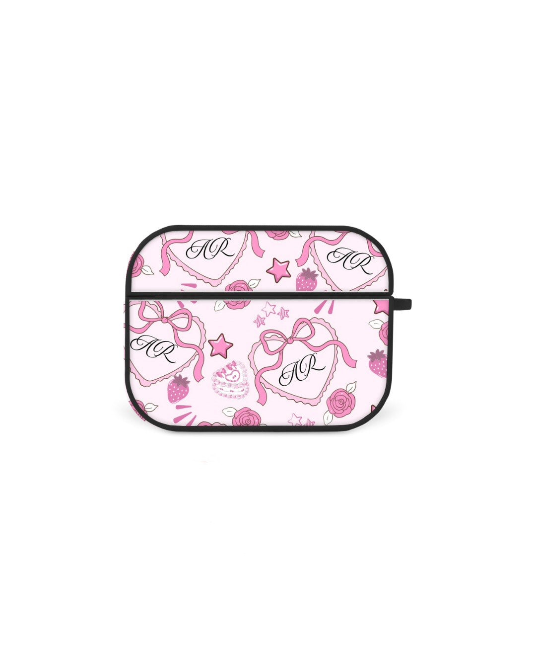 a pink and black patterned case with the initials "AR" on it.
