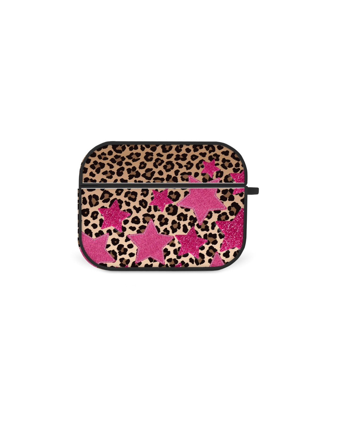 A square-shaped, black-framed case with a leopard print pattern and pink star-shaped embellishments.