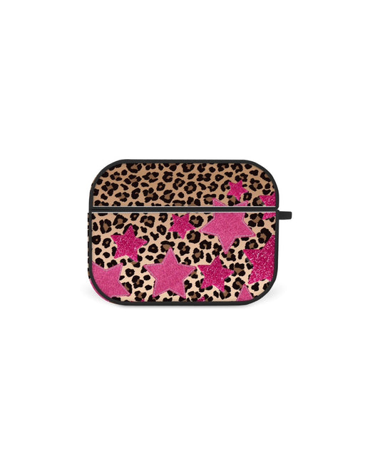 A square-shaped, black-framed case with a leopard print pattern and pink star-shaped embellishments.
