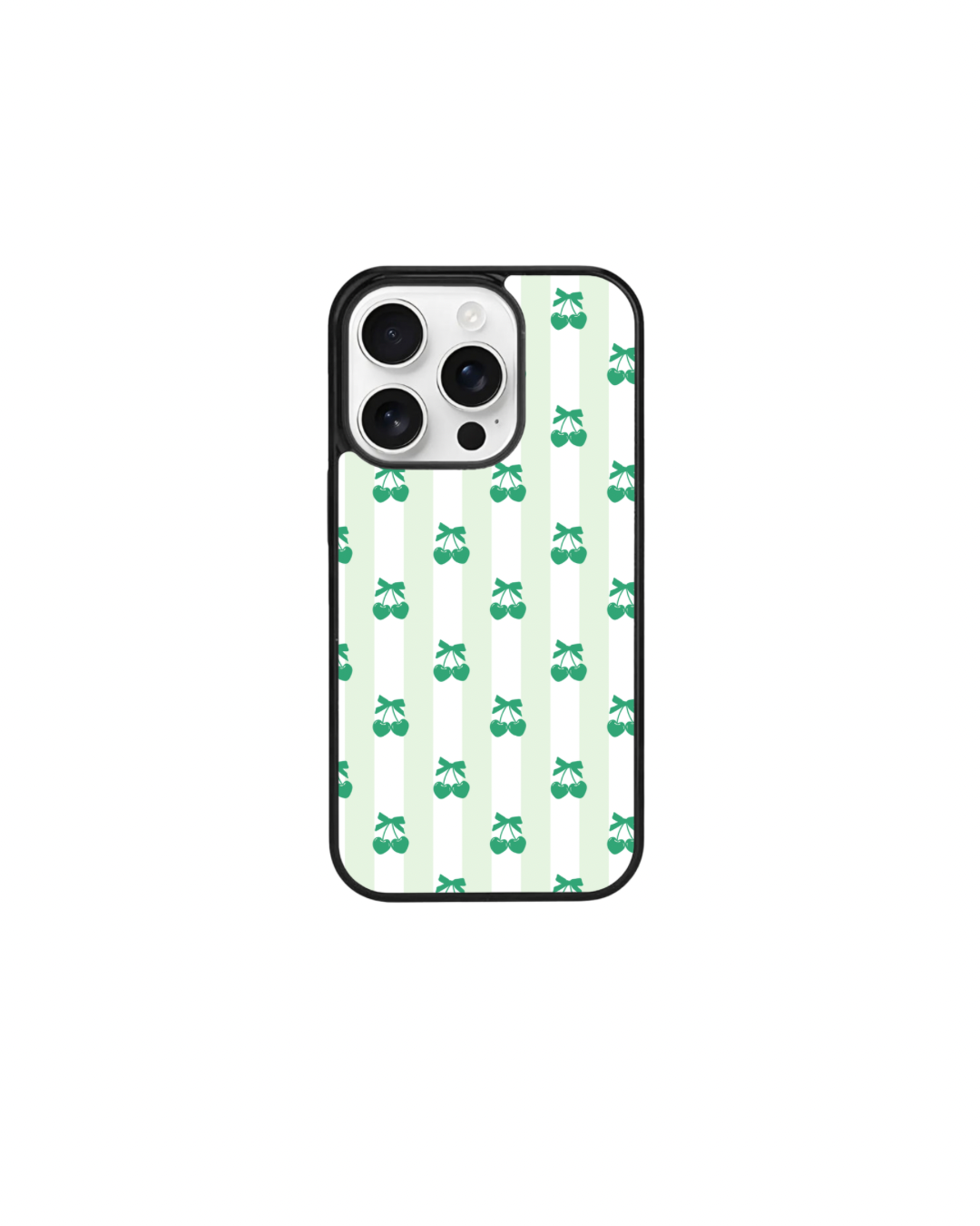 a phone case with a repeating pattern of green cherries on a white background.