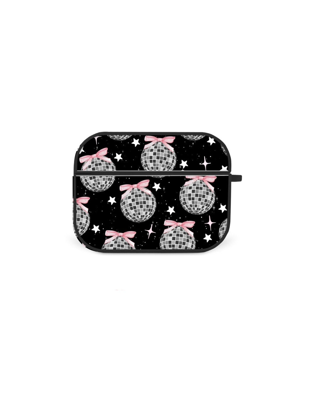 a black and white pattern of disco balls and stars on a black background.