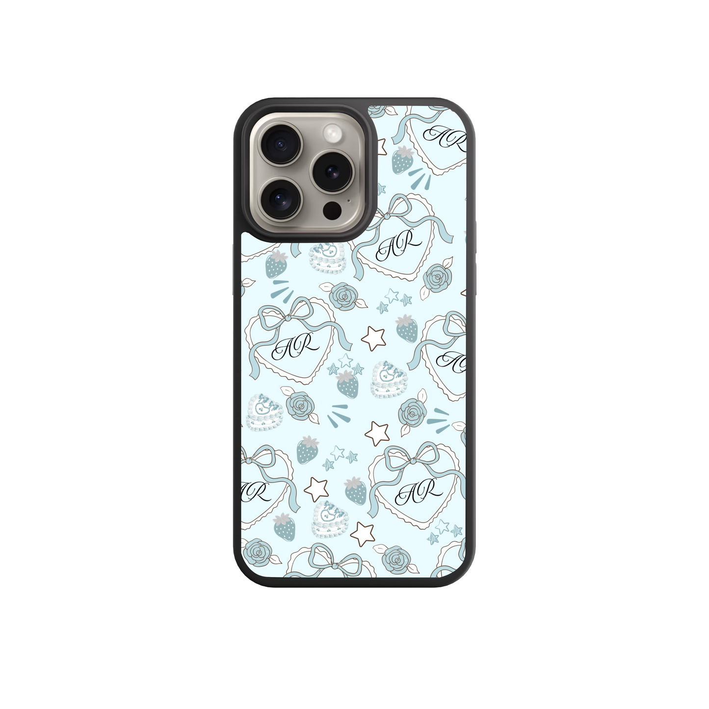 a phone case with a light blue background and a pattern of hearts, stars, and other decorative elements.