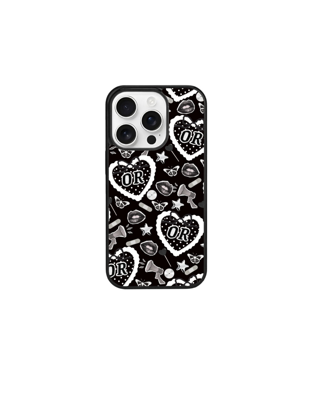 a black and white pattern with the word "OR" repeated multiple times across the surface.