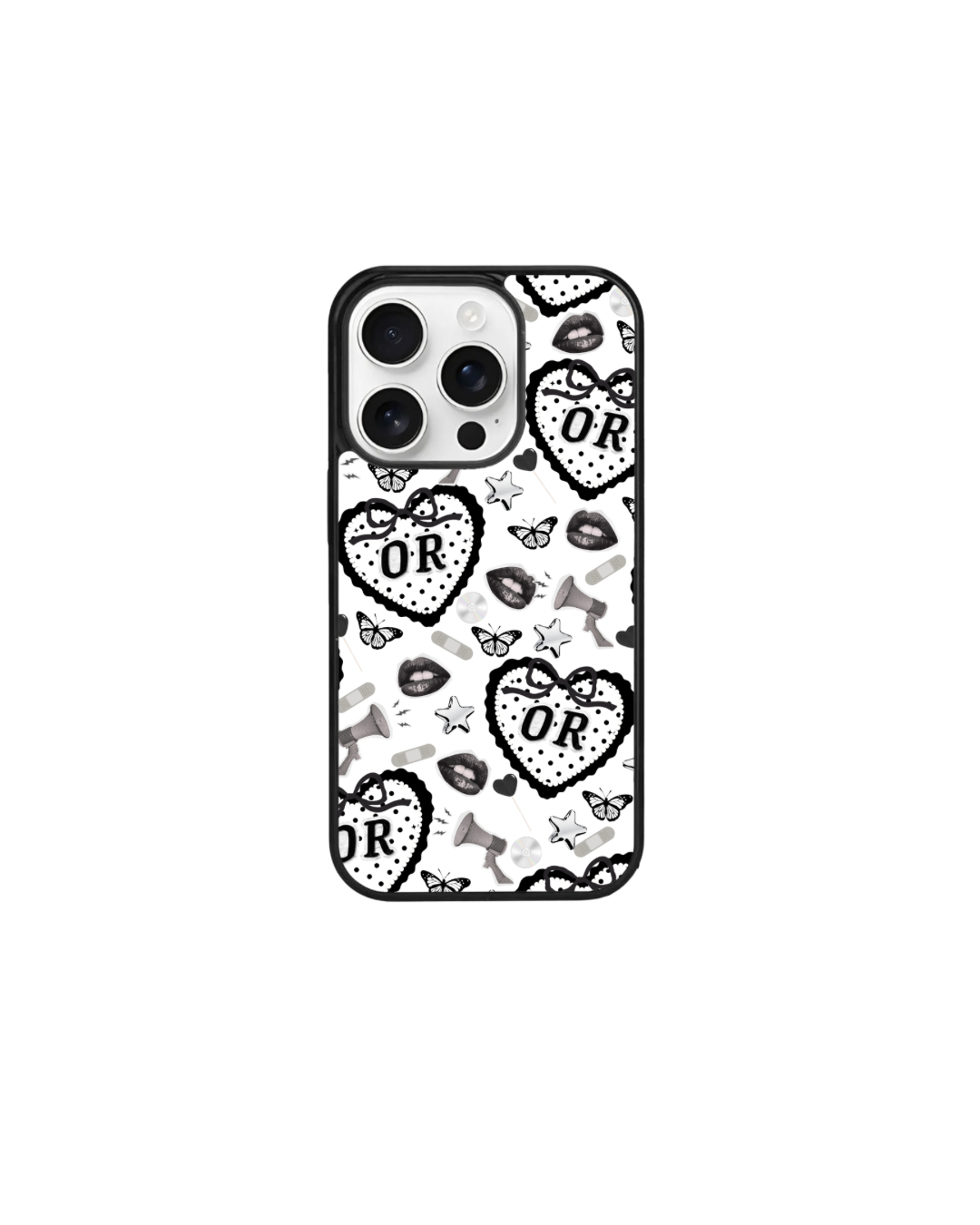 a phone case with a repeating pattern of heart shapes and the word "OK" printed on it.