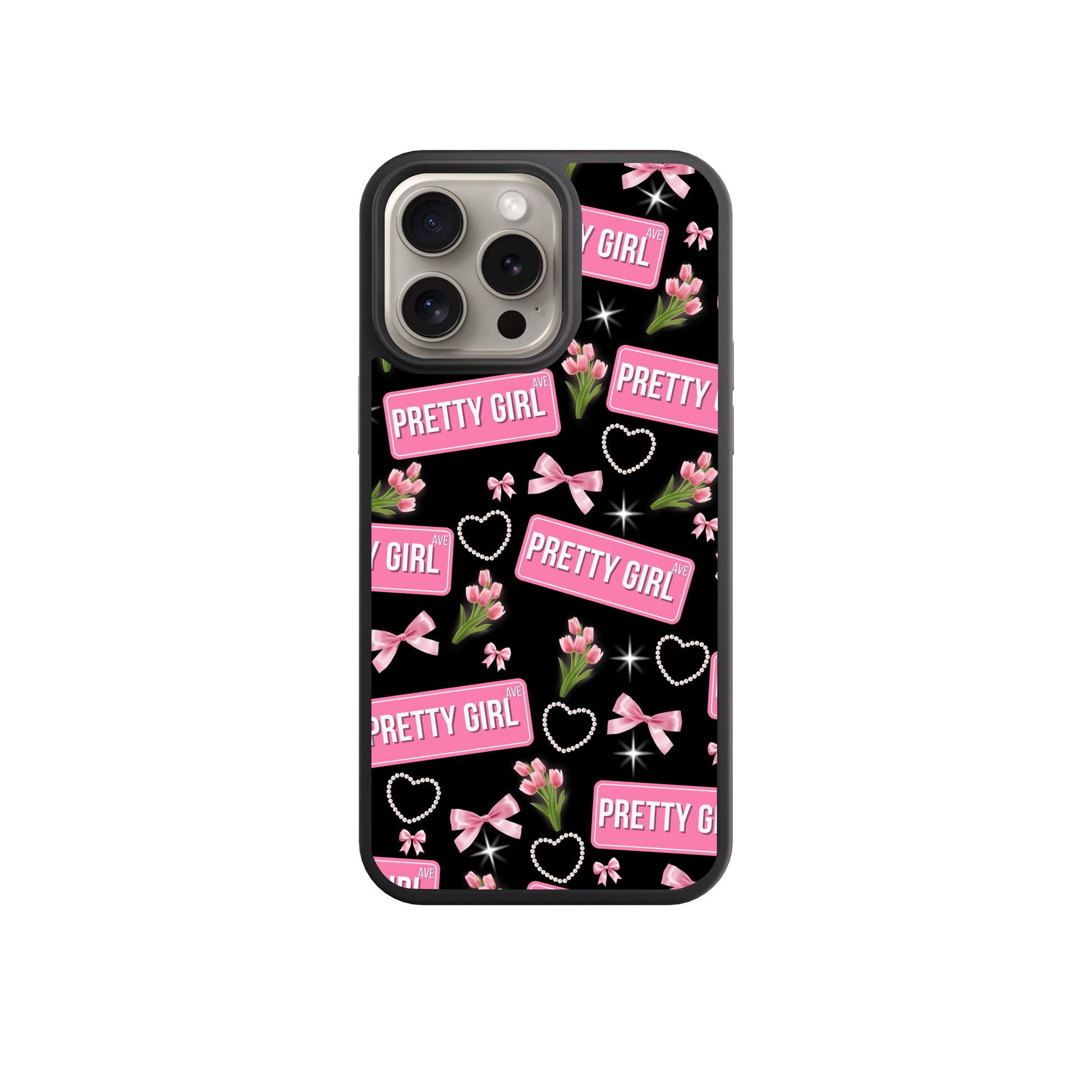 a phone case with a black background and pink and white text and graphics.