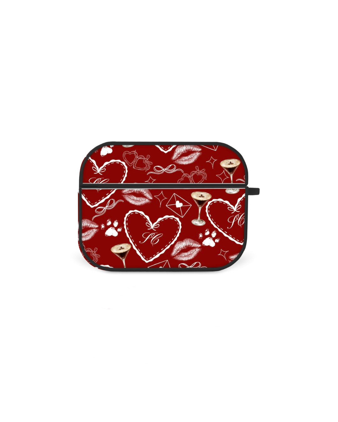 a red and white patterned case with various decorative elements such as hearts, wine glasses, and paw prints.