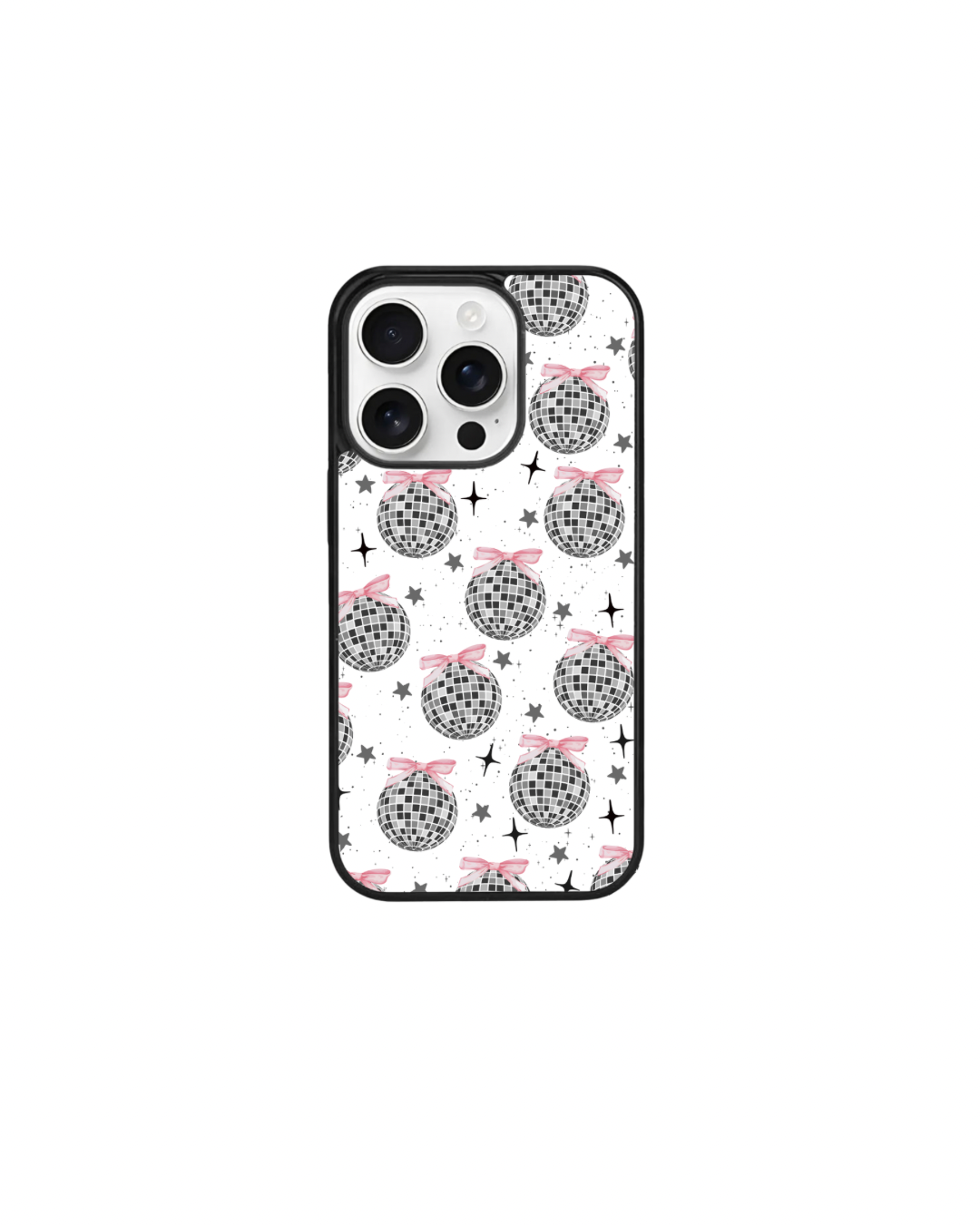 a phone case with a pattern of black and white disco balls and stars on a white background.