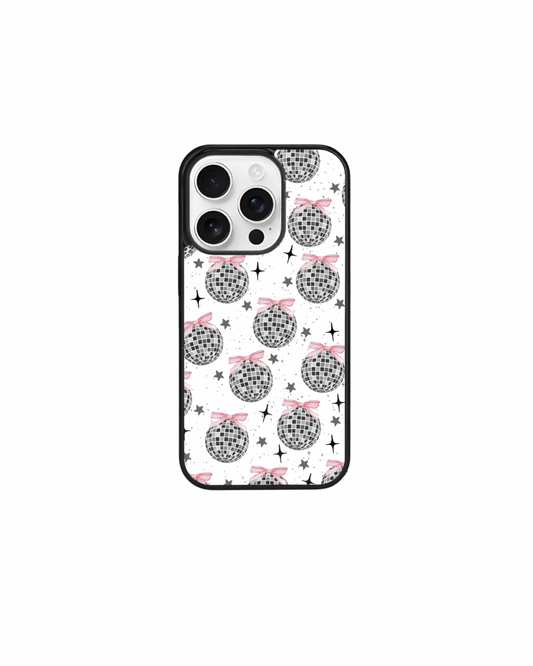 a phone case with a pattern of black and white disco balls and stars on a white background.