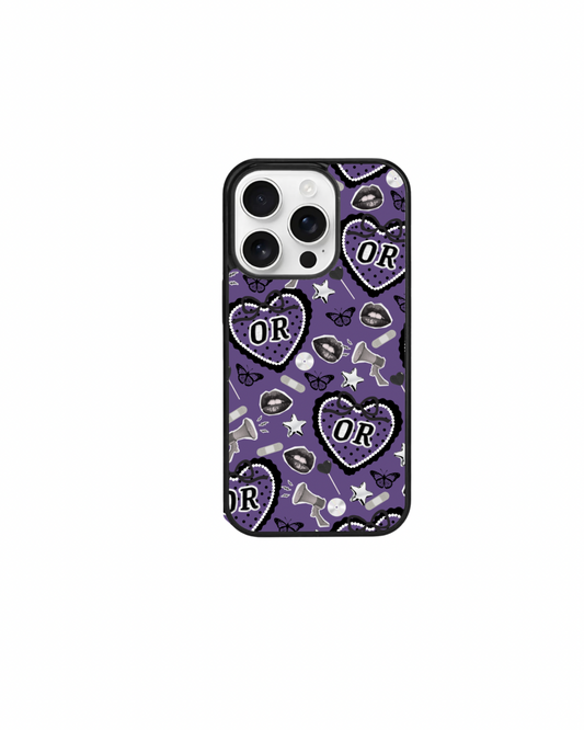 a phone case with a purple and black pattern, including the word "OR" and various other decorative elements such as hearts, stars, and butterflies.