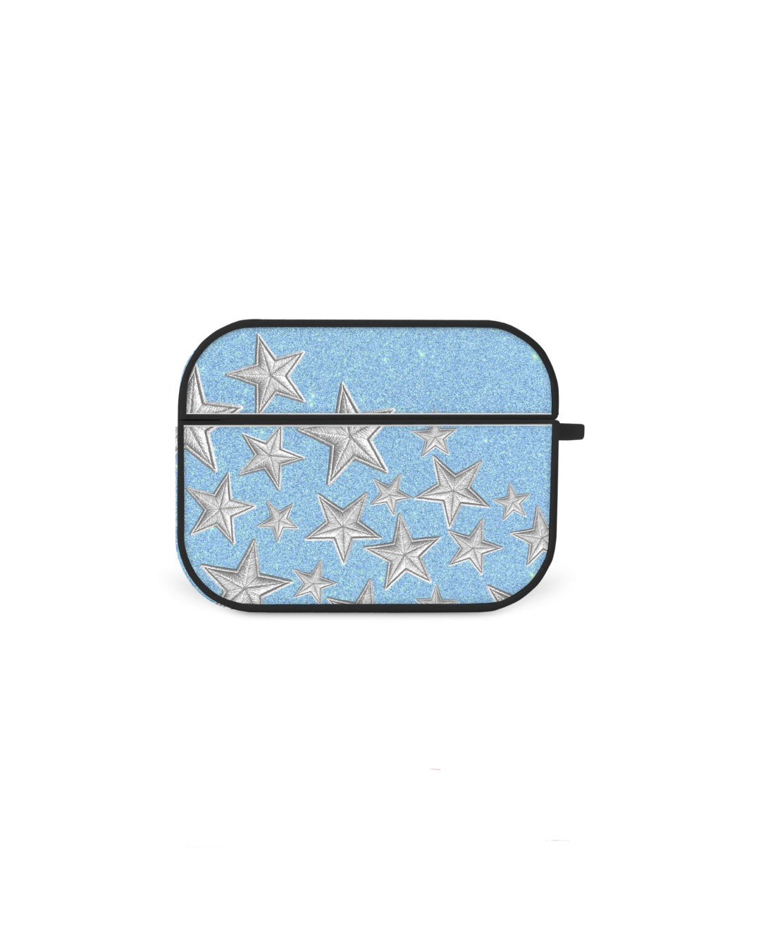 A blue and silver star-patterned phone case or earbud cover.