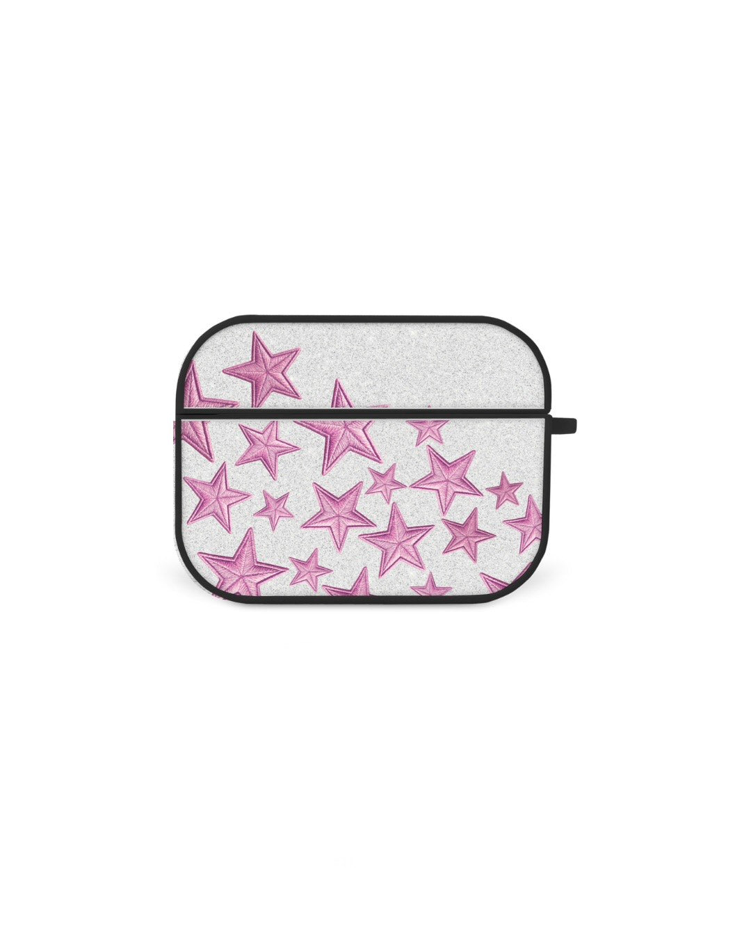 a white background with a black border and a pattern of pink stars on it.