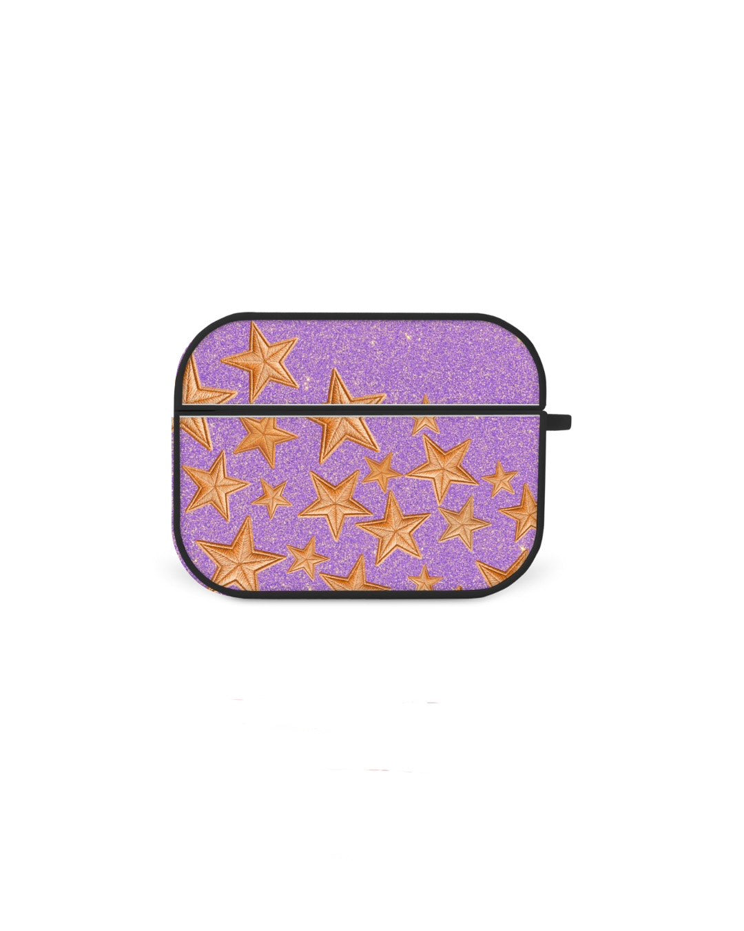 A purple and gold star-patterned phone case or earbud cover.