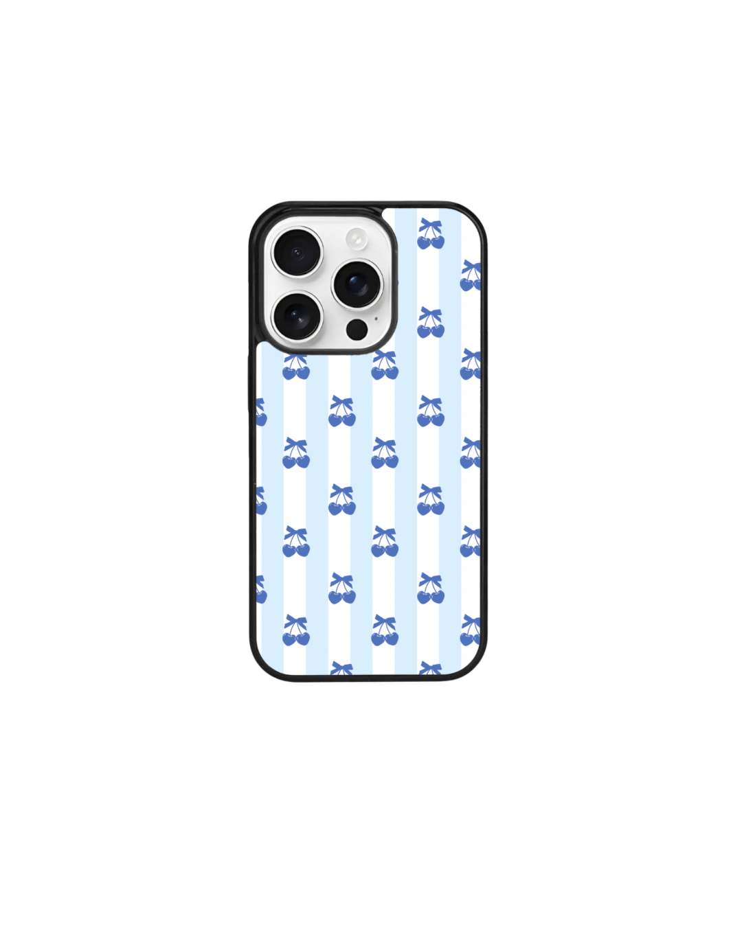 a phone case with a pattern of blue and white stripes and small blue bows.