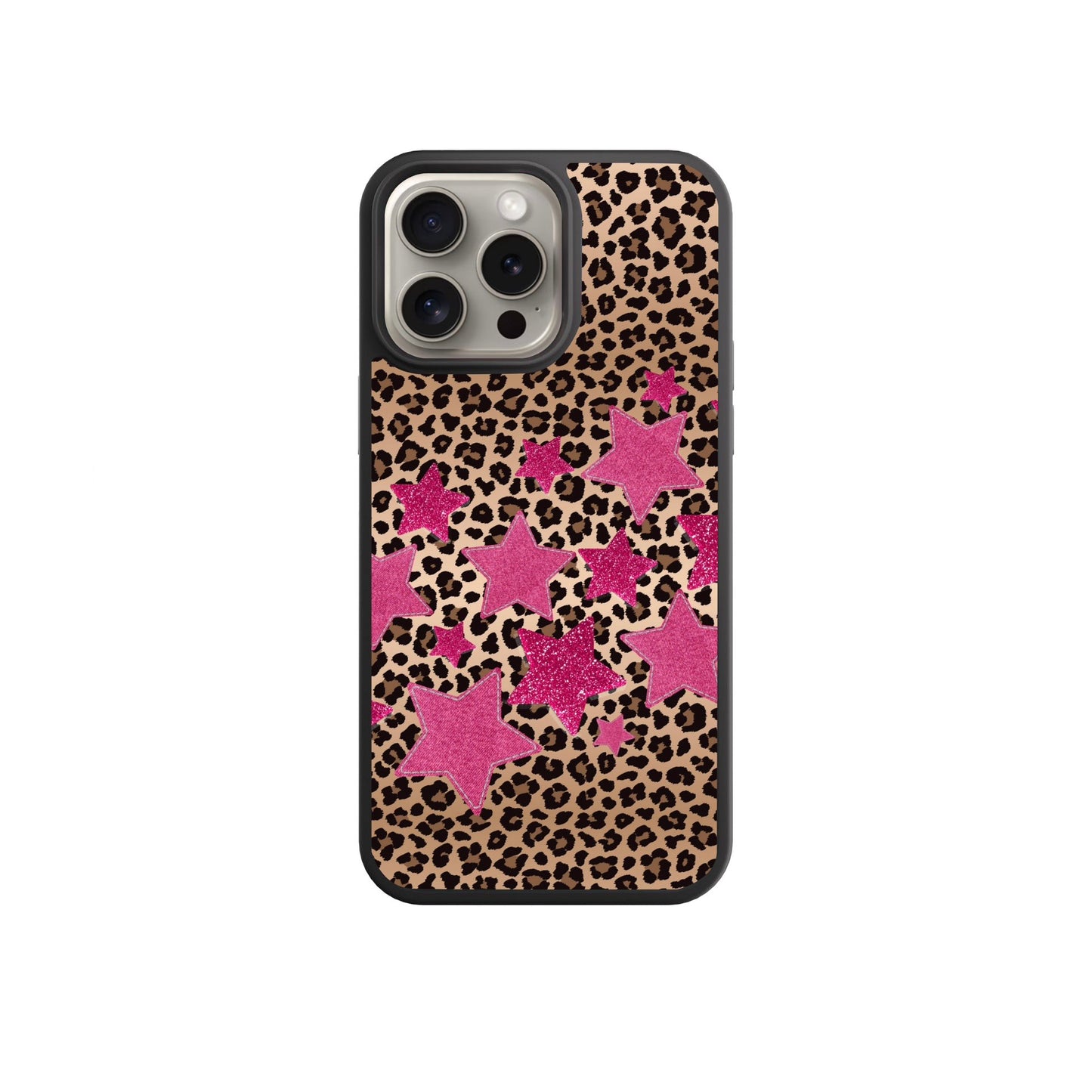 A phone case with a leopard print pattern and pink glitter stars on it.