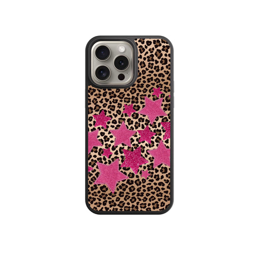 A phone case with a leopard print pattern and pink glitter stars on it.