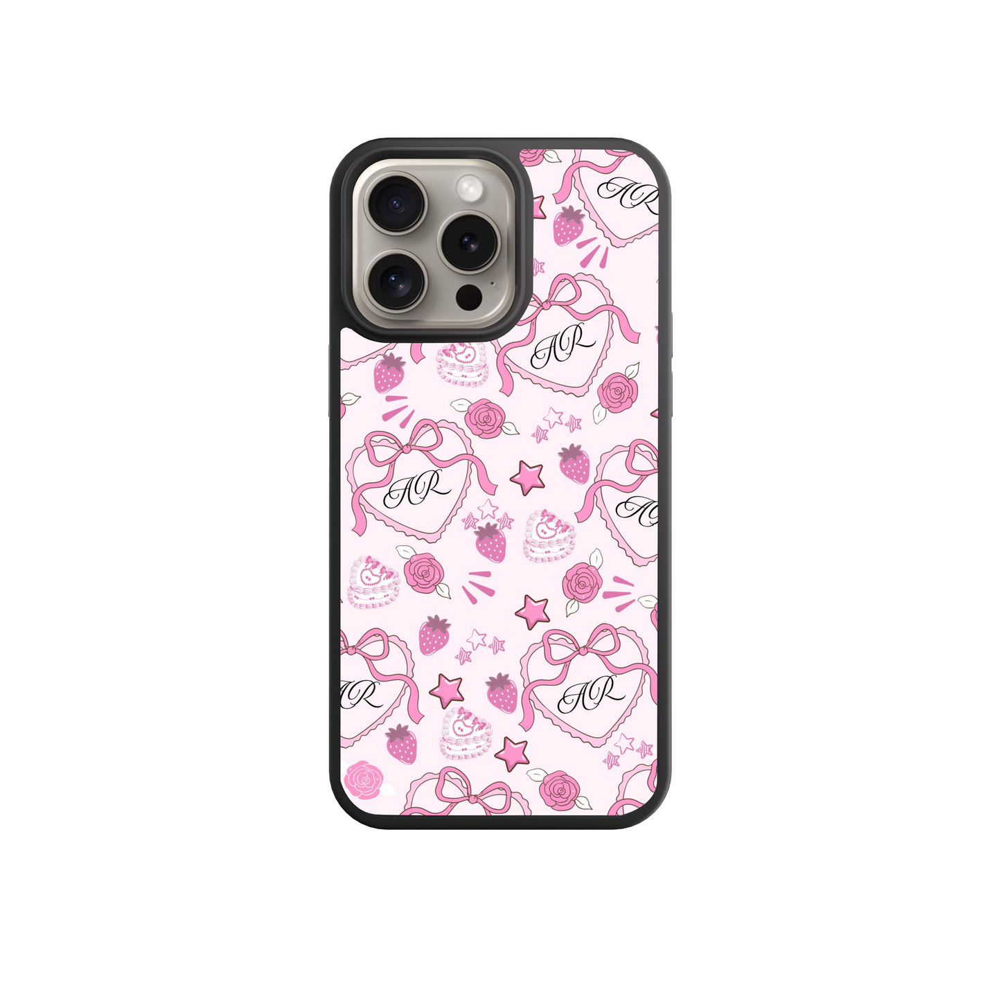 a pink and black patterned phone case with various decorative elements such as hearts, stars, and bows.