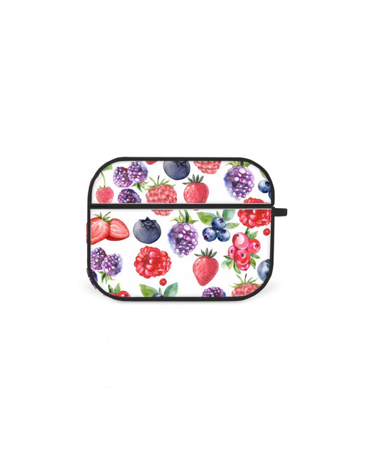 a white background with a repeating pattern of various berries, including strawberries, blueberries, raspberries, and blackberries.