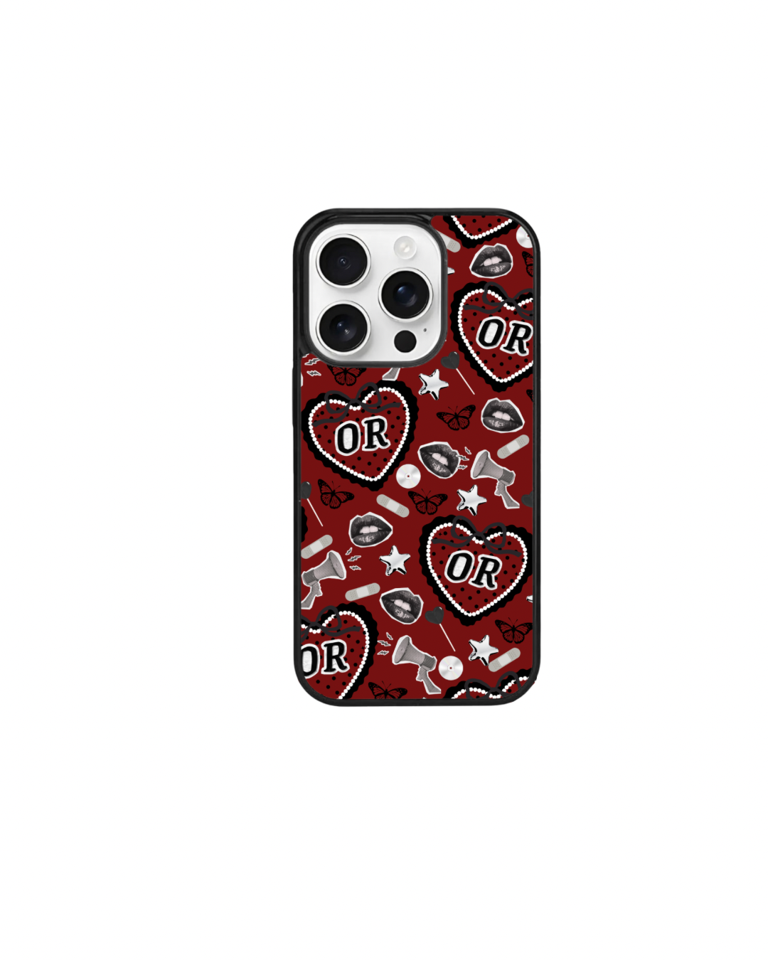 a phone case with a red and black pattern, including the words "OR" and various decorative elements such as hearts, stars, and other abstract shapes.