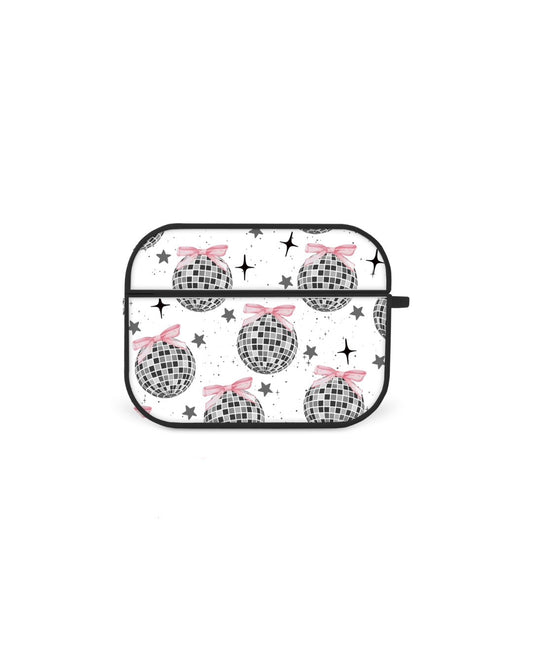 a white background with a repeating pattern of black and white disco balls and pink bows.
