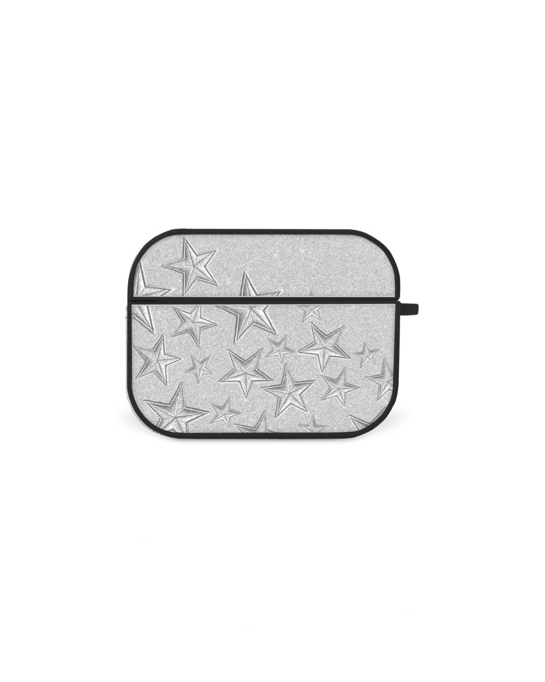 A black and white image of a star-patterned object, such as a phone case or earbud cover, with a black border.
