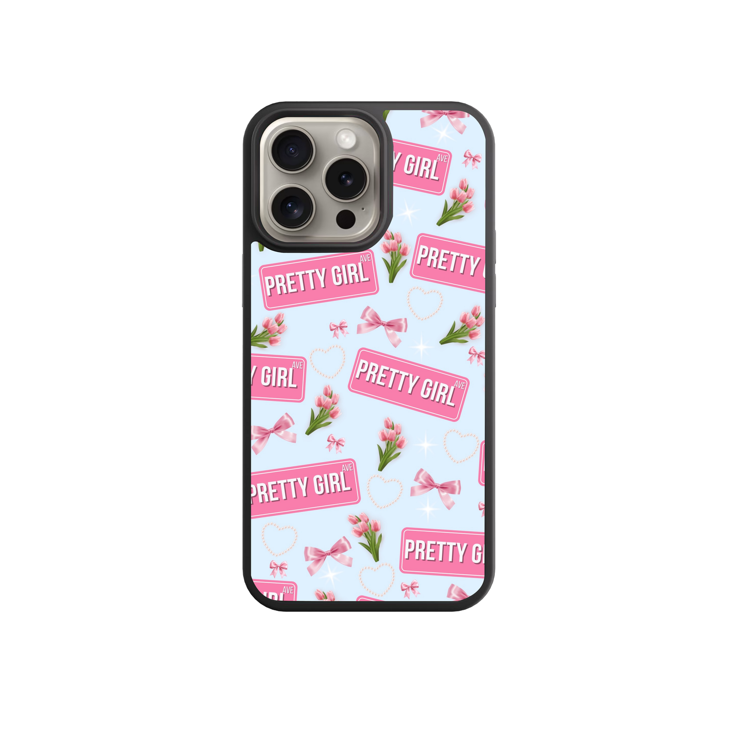 a phone case with a repeating pattern of pink flowers and the word "Pretty Girl" written in white.