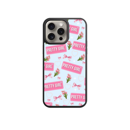 a phone case with a repeating pattern of pink flowers and the word "Pretty Girl" written in white.