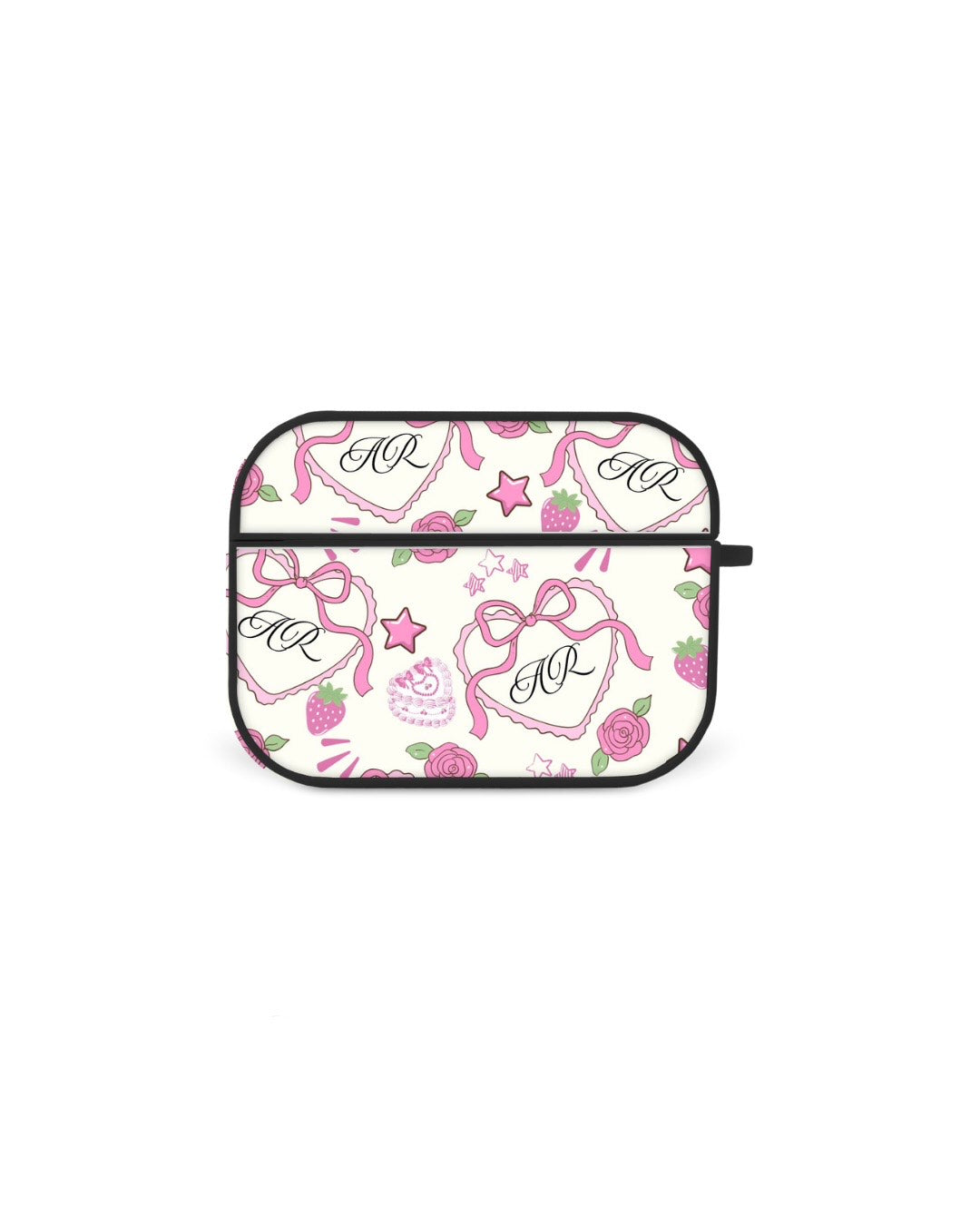 a white and pink patterned object with the initials "AR" on it.