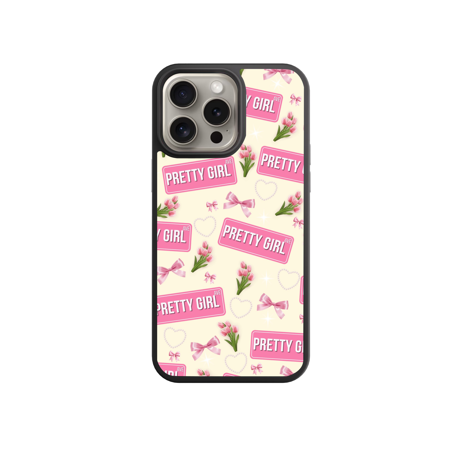 a phone case with a repeating pattern of pink flowers and the word "Pretty Girl" written on it.