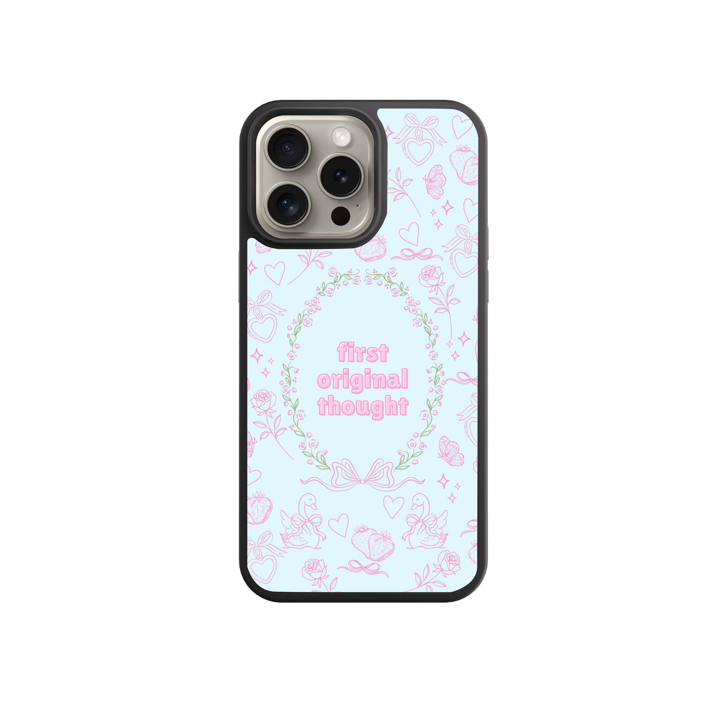 a phone case with a light blue background and pink floral designs.