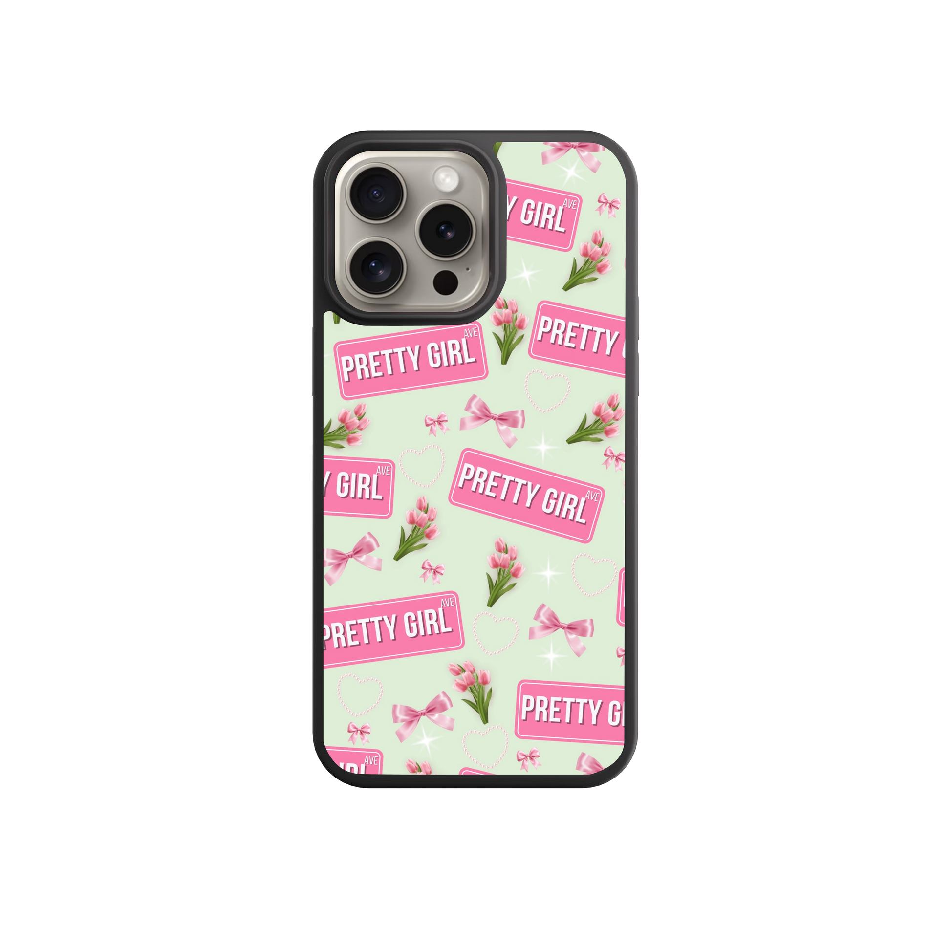 a phone case with a repeating pattern of pink flowers and the word "Pretty Girl" written on it.
