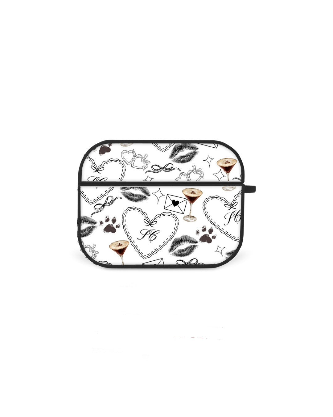 a white background with a repeating pattern of black silhouettes of various objects, including hearts, wine glasses, and other decorative elements.