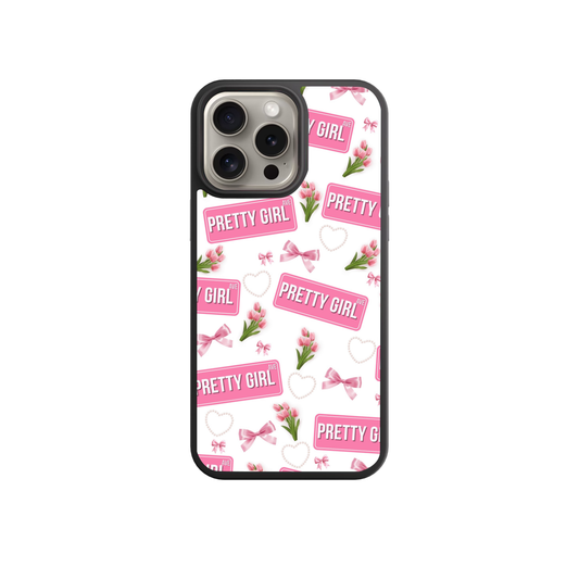 a phone case with a repeating pattern of pink flowers and the word "Pretty Girl" written on it.