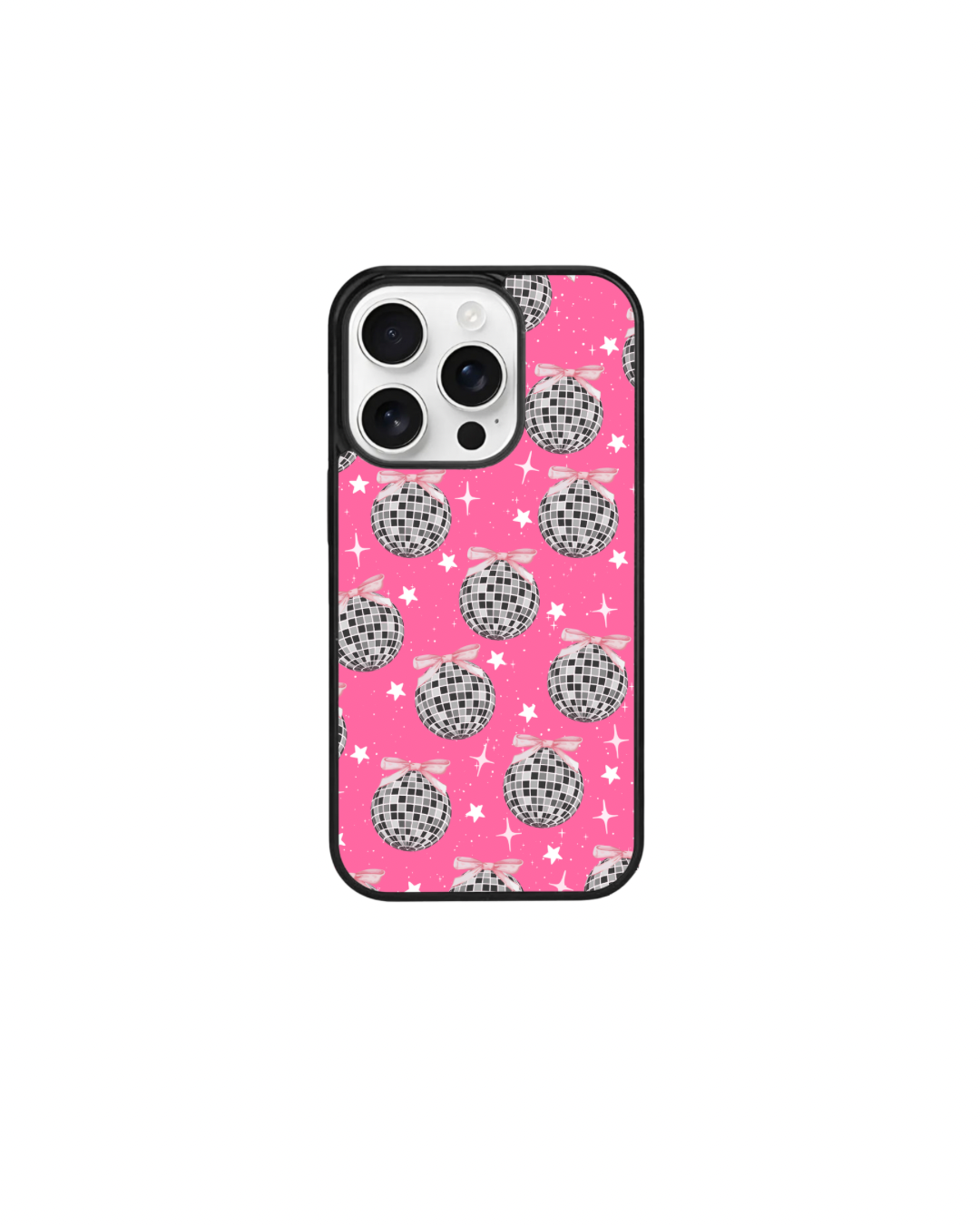 a phone case with a pink background and a pattern of black and white disco balls and stars.