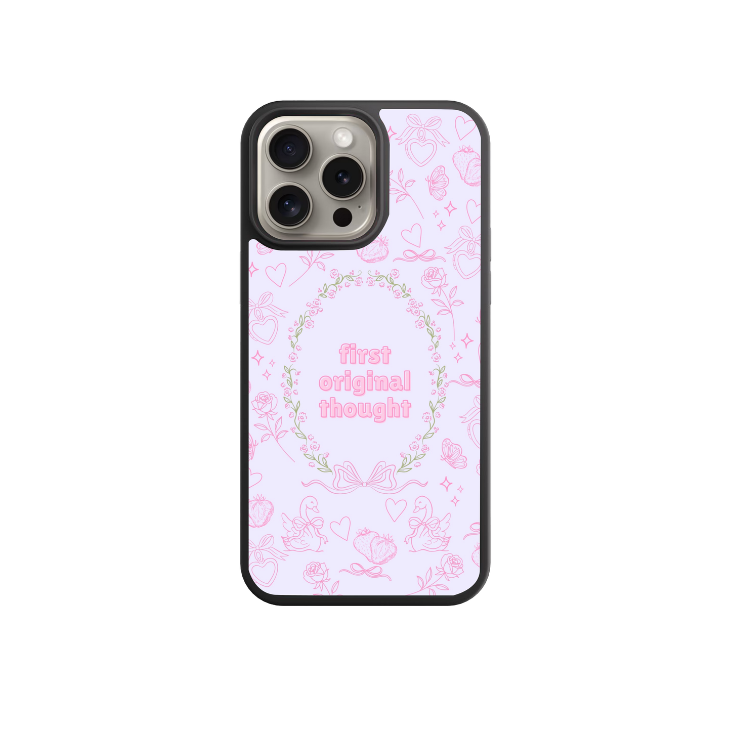 a phone case with a pink floral pattern and the text "first original thought" printed on it.