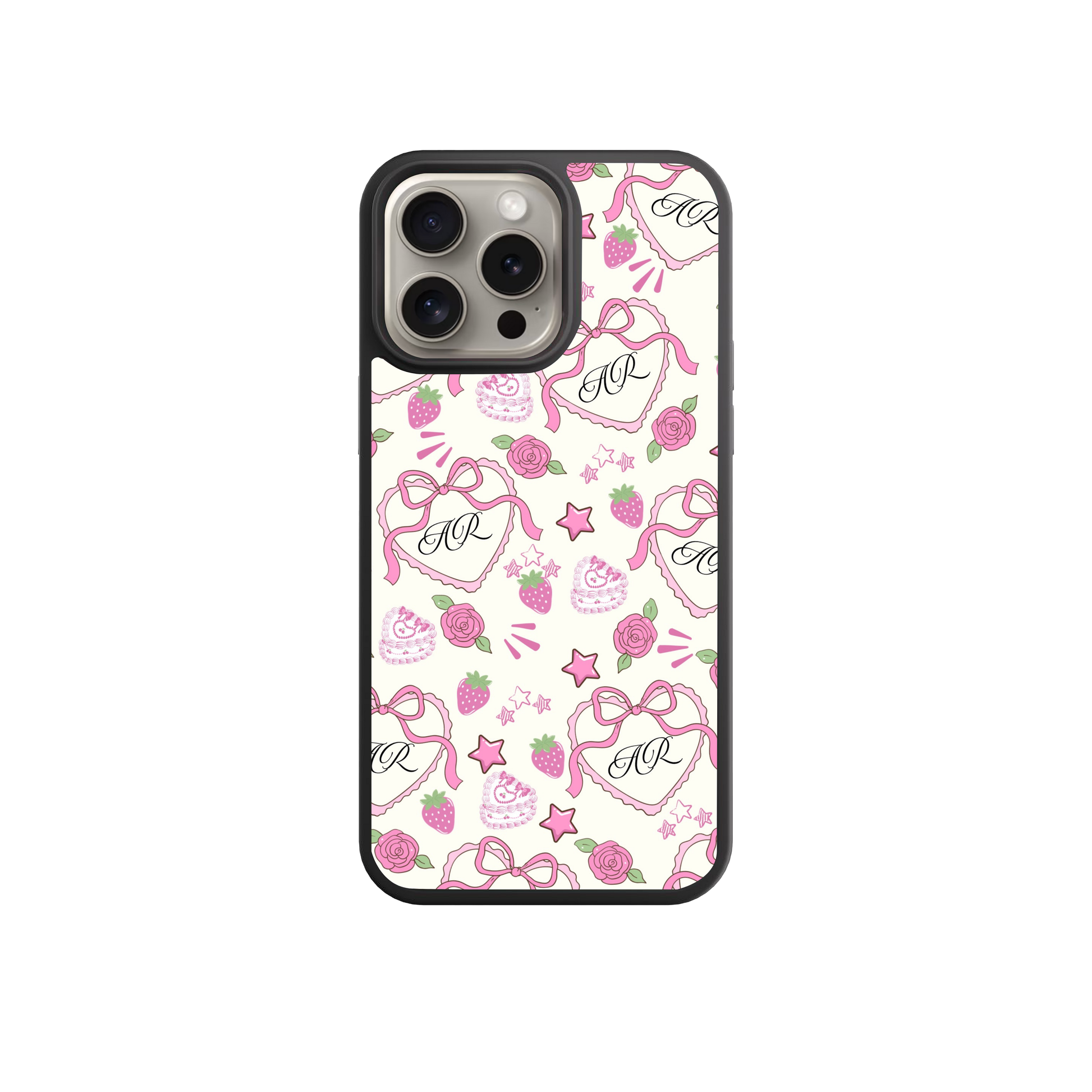 a phone case with a pink and white pattern, including hearts, stars, and other decorative elements.