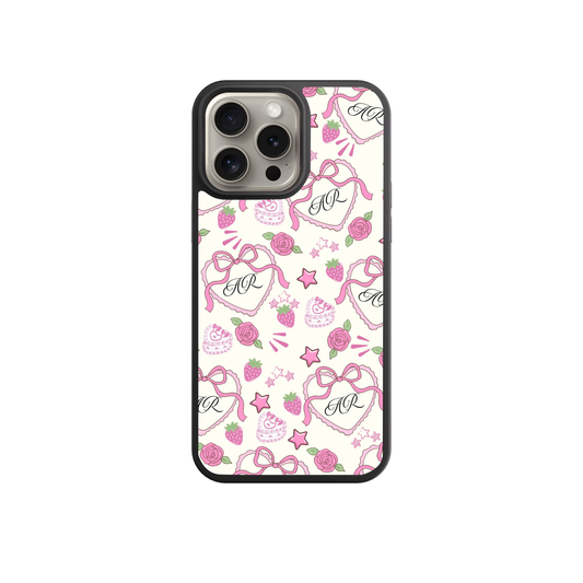a phone case with a pink and white pattern, including hearts, stars, and other decorative elements.