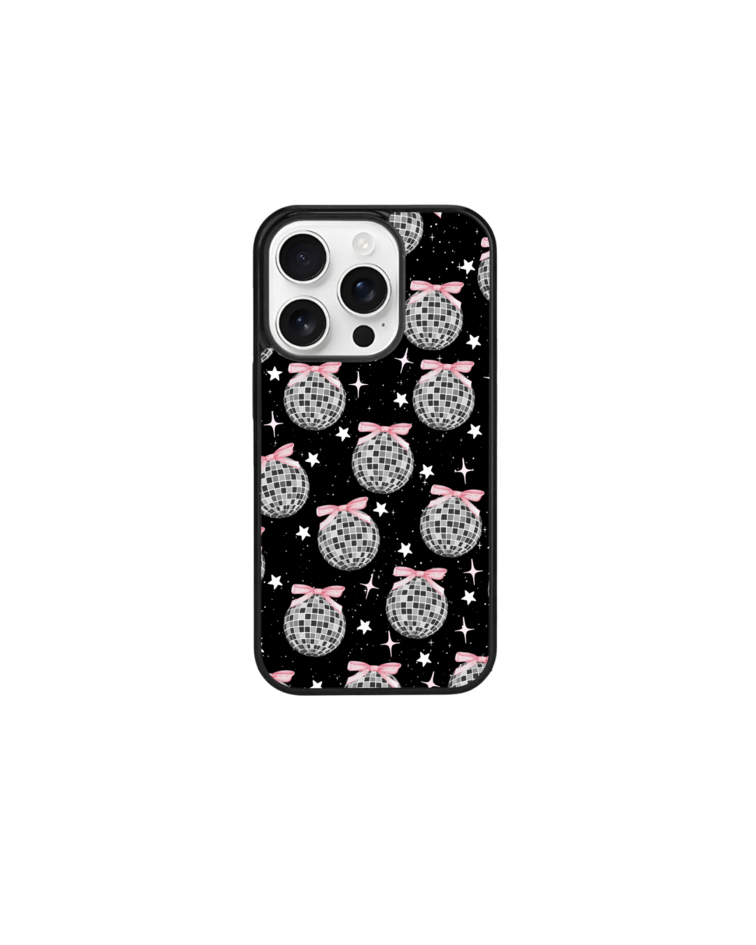 a phone case with a black background and a pattern of white and black disco balls with pink bows.