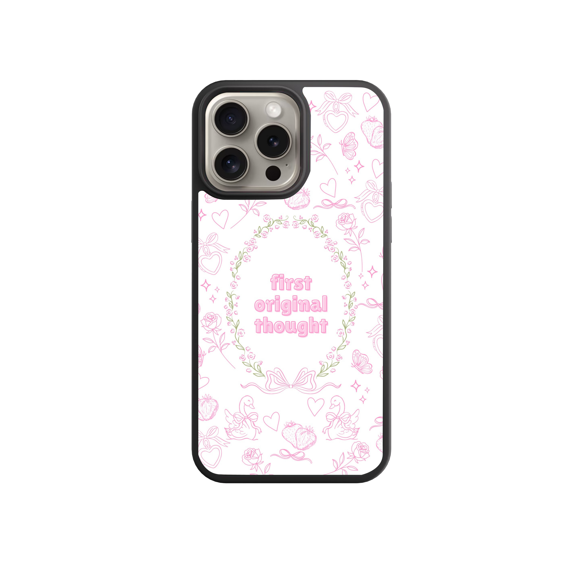 a phone case with a pink floral pattern and the text "first original thought" printed on it.