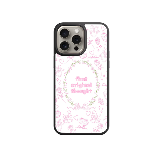 a phone case with a pink floral pattern and the text "first original thought" printed on it.