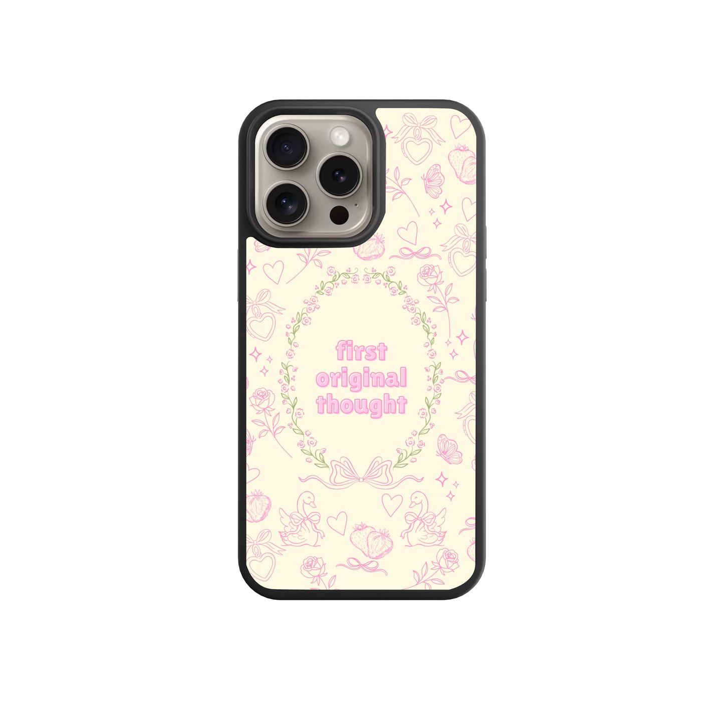 a phone case with a floral pattern and the text "first original thought" printed on it.