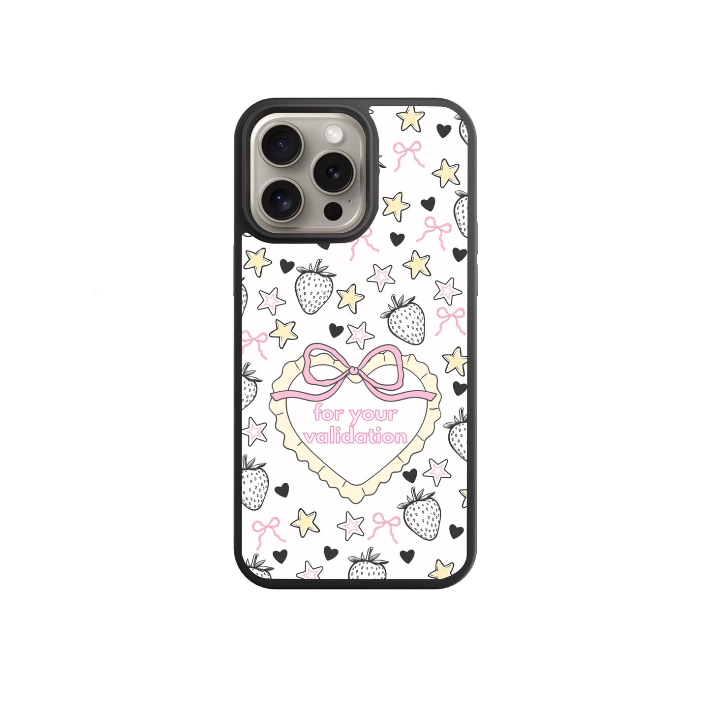 a phone case with a pattern of strawberries, stars, and hearts. The case has a heart-shaped design with the text "for your validation" written on it.