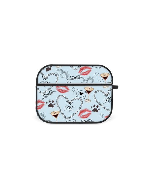 a light blue background with various icons and symbols, including hearts, lips, and paw prints, arranged in a repeating pattern.