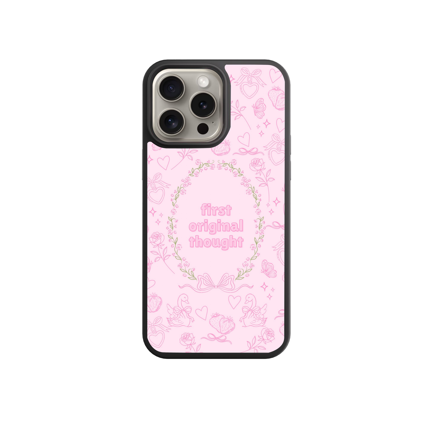 a pink phone case with a floral pattern and the text "first original thought" printed on it.