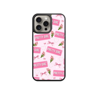 a phone case with a pink and white floral pattern, along with the words "Pretty Girl" repeated multiple times across the case.