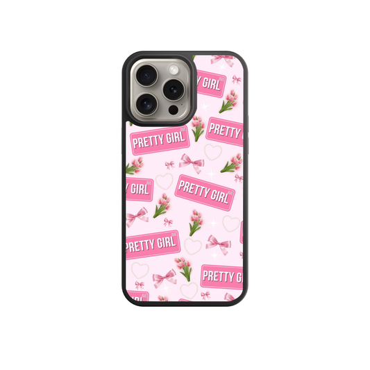 a phone case with a pink and white floral pattern, along with the words "Pretty Girl" repeated multiple times across the case.